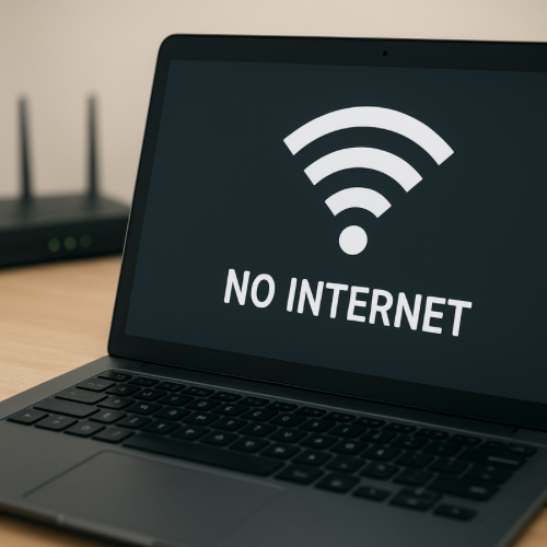Laptop screen displaying Wi-Fi connected but no internet notification