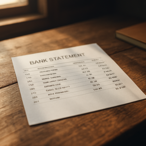 Printed bank statement placed on wooden desk