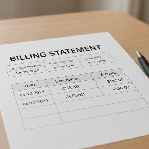 Printed statement showing charge and refund on same day