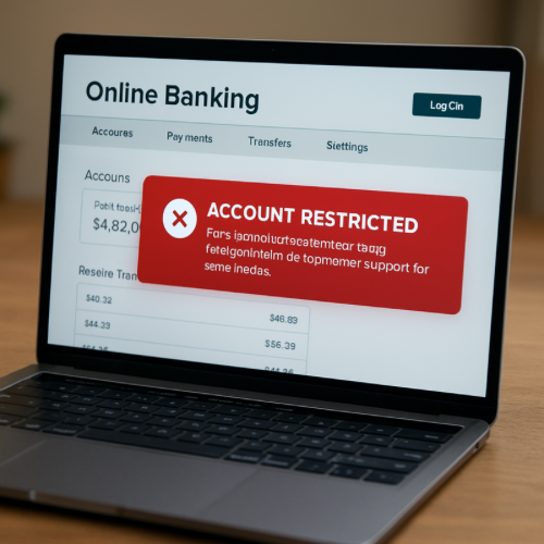 Laptop screen displaying account restricted notification in online banking dashboard
