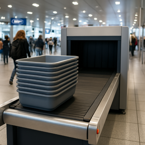 stack of identical airport security bins at checkpoint
