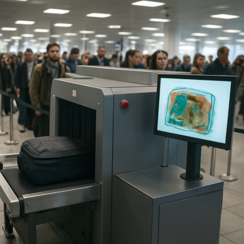 airport security x-ray scanner showing contents of luggage