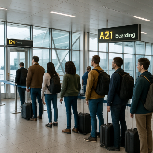 passengers boarding airplane by boarding zone at airport gate