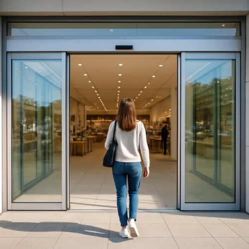 automatic sliding doors opening at store entrance