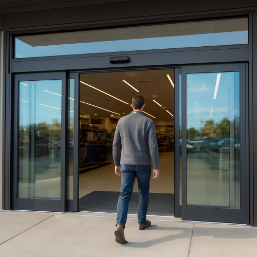 automatic sliding doors opening as person approaches store entrance