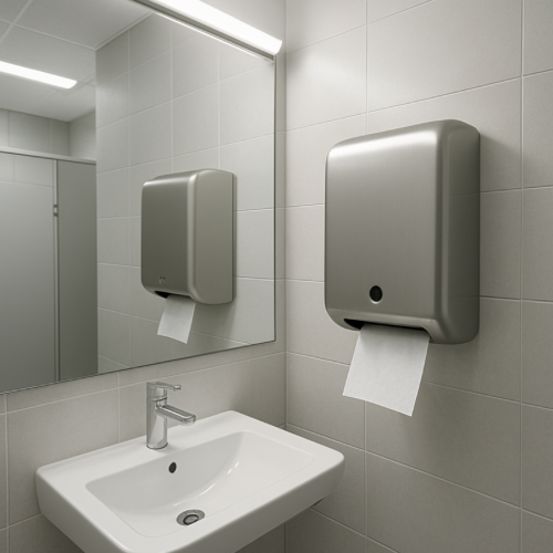 hand under automatic paper towel dispenser in restroom