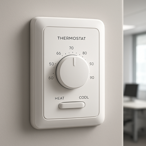 office thermostat with locked temperature setting on wall