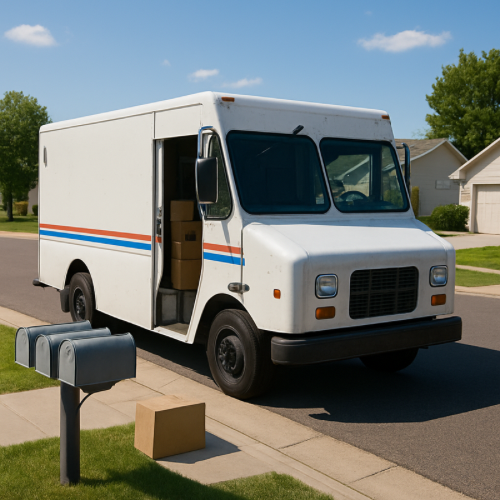delivery truck parked on street with engine running during stop