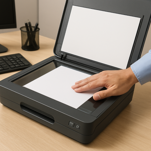 person placing paper face down on flatbed scanner glass