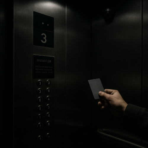 person scanning badge inside elevator panel for floor access