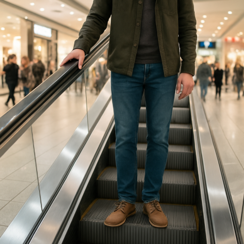 person holding escalator handrail while riding moving steps