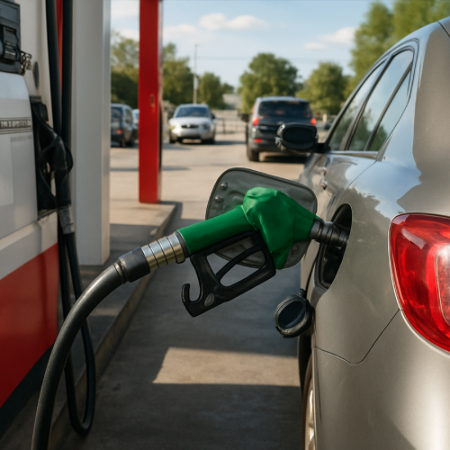 gas pump nozzle fueling car at gas station