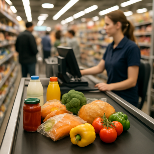 groceries moving on checkout conveyor belt at supermarket
