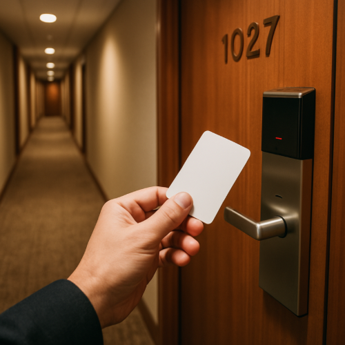 hotel key card being held near an electronic door lock