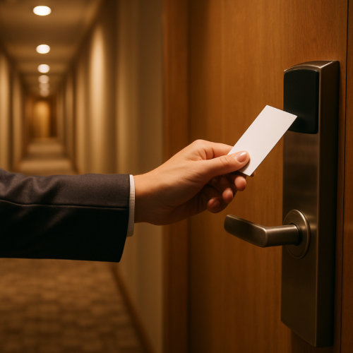 hotel guest using key card to unlock hotel room door