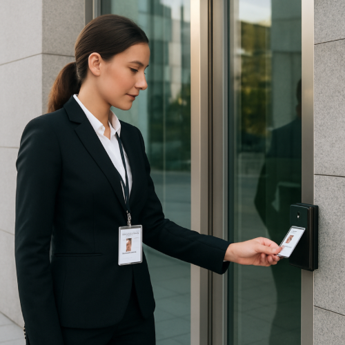 realistic office building entrance with employee scanning ID badge on electronic access reader next to secure door