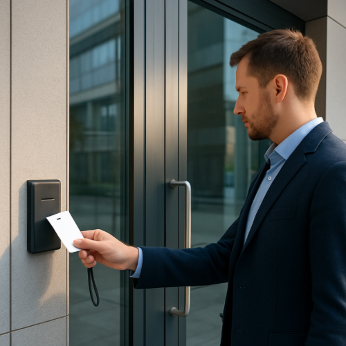 realistic office building entrance with employee tapping ID badge on electronic access control reader beside glass door