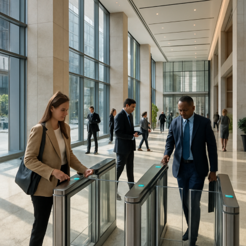 employee scanning badge at office turnstile entrance