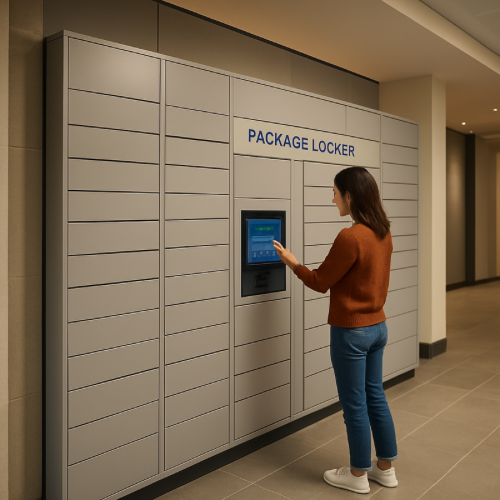 person entering pickup code at package locker station