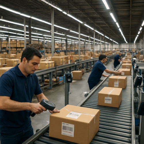 warehouse worker scanning shipping package on conveyor belt