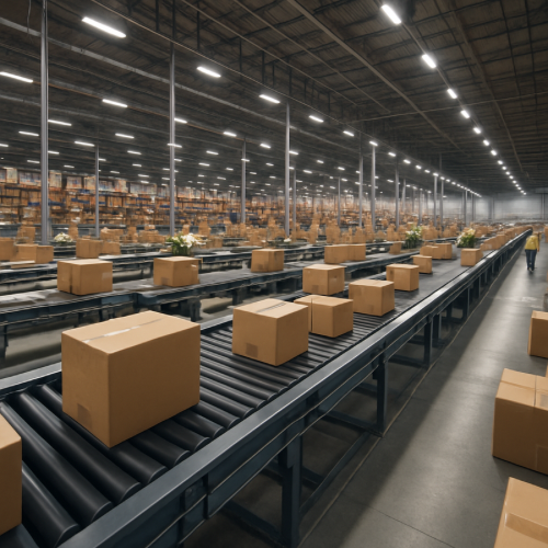 large warehouse conveyor system sorting shipping boxes