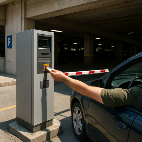 driver taking parking ticket from automated machine at parking garage entrance