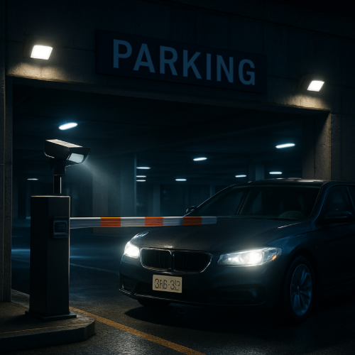 parking garage entrance with license plate recognition camera scanning car