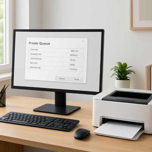 computer screen showing printer print queue with multiple documents waiting
