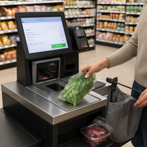 self checkout machine bagging area with groceries on scale