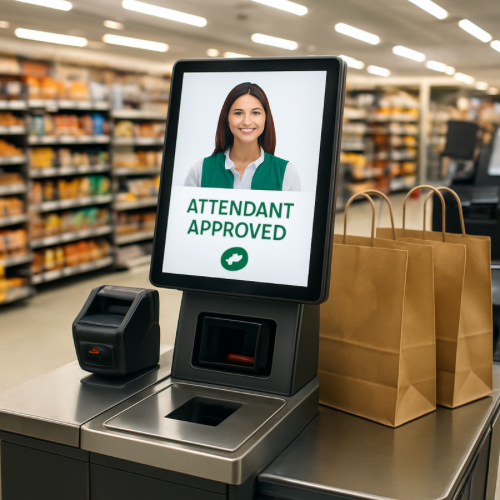 self checkout register screen requesting attendant approval