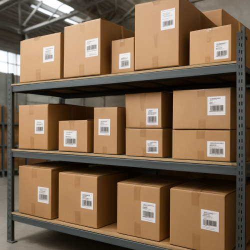 warehouse shelves with labeled shipping boxes ready for delivery