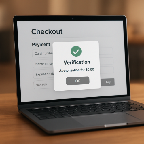 Online payment screen showing zero dollar authorization card verification