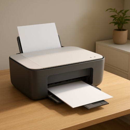 wireless printer sitting on a desk with paper tray open