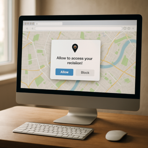 desktop computer showing a browser map requesting location permission