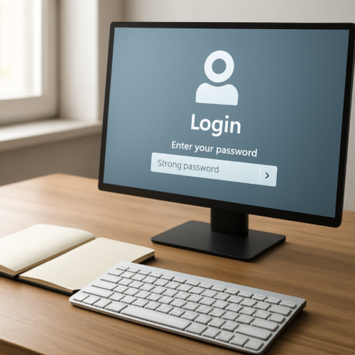 computer keyboard and notebook showing a password login screen