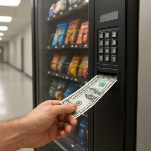 person inserting dollar bill into vending machine bill slot