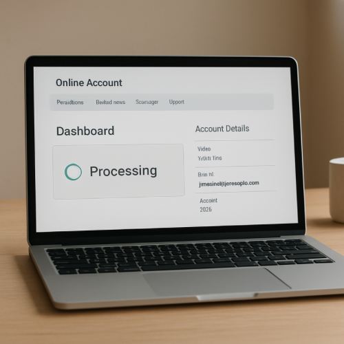 Computer screen displaying account status marked Processing