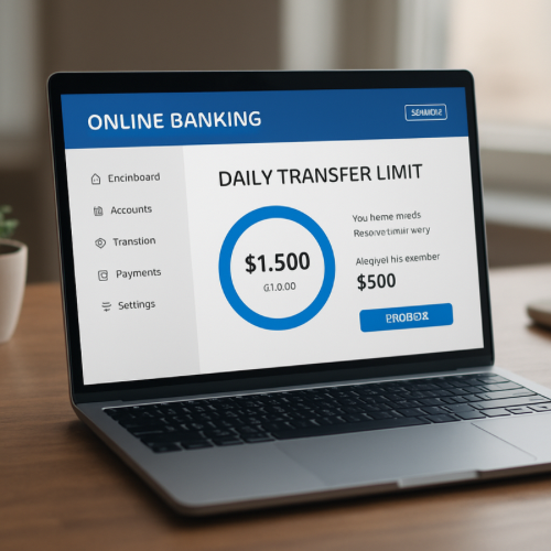 Laptop screen displaying bank transfer limit information