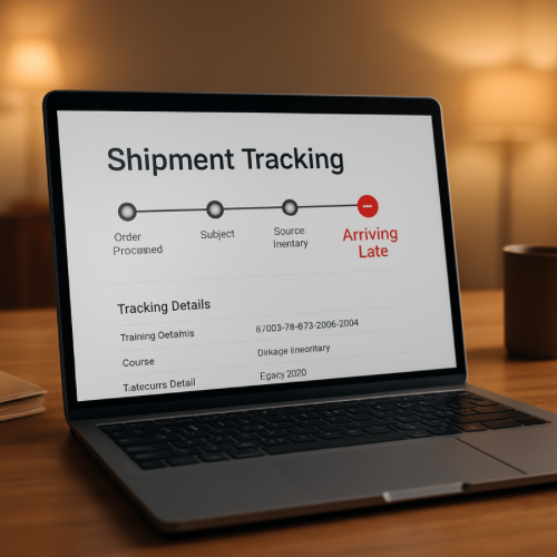 Laptop displaying shipping tracking page showing arriving late status
