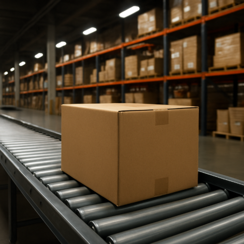 Cardboard package on warehouse conveyor belt in distribution center