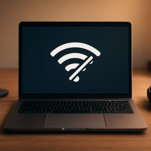 Laptop screen displaying Wi-Fi disconnected symbol