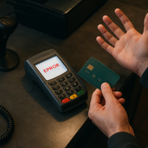 person tapping or inserting card repeatedly into reader with error