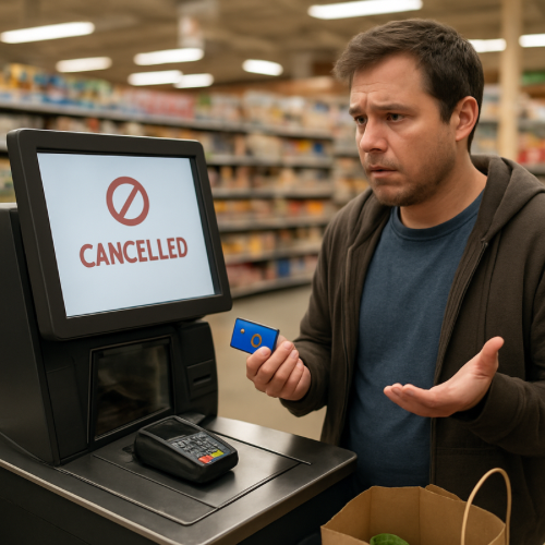 person at self checkout looking confused after transaction canceled