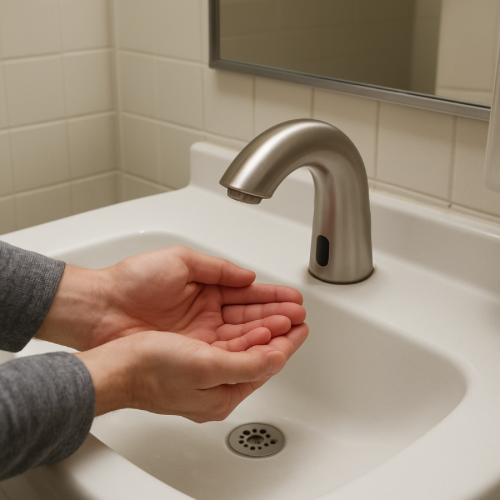 hands under automatic faucet not activating water