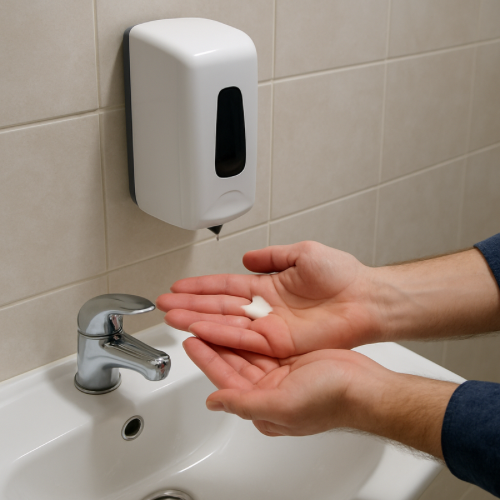 hands under automatic soap dispenser that stopped dispensing soap