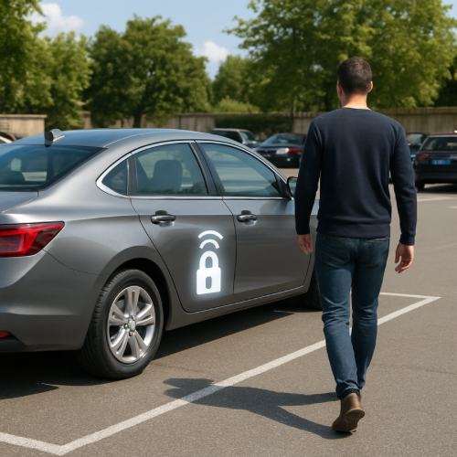 person walking away from car as it locks automatically