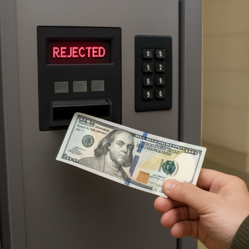 person inserting new dollar bill into machine and it being rejected