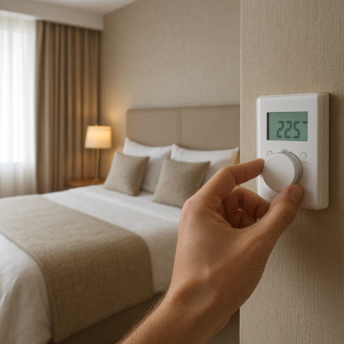 person adjusting hotel room thermostat on wall